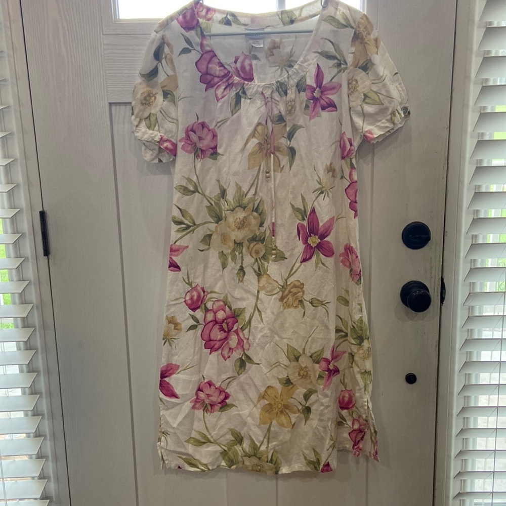 High Cotton Women’s Linen Midi Dress Size Large Crème with Floral Print
